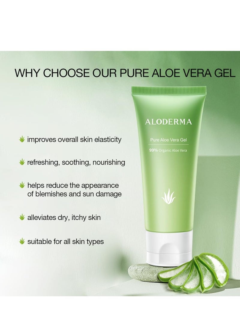 Aloderma 99% Organic Aloe Vera Gel Made within 12 Hours of Harvest, Refreshing Travel Size Aloe Vera Gel for Face & Body, Cooling, Soothing Instant Relief for Skin & Sunburn, Hydrating Aloe Gel, 1.5oz