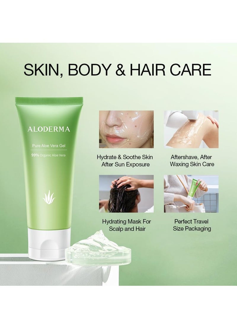 Aloderma 99% Organic Aloe Vera Gel Made within 12 Hours of Harvest, Refreshing Travel Size Aloe Vera Gel for Face & Body, Cooling, Soothing Instant Relief for Skin & Sunburn, Hydrating Aloe Gel, 1.5oz