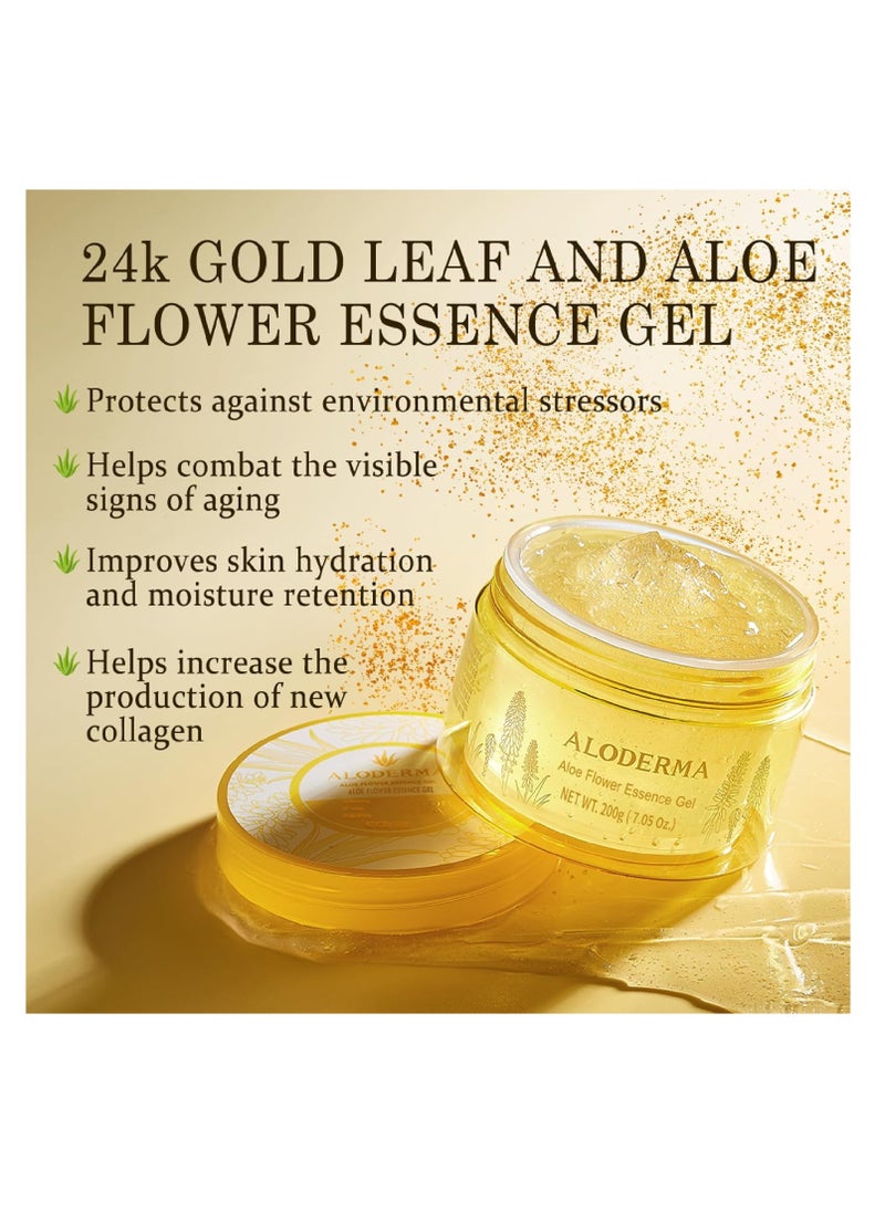 Aloderma Age-Defying 24K Gold Leaf Aloe Flower Essence Gel, Made within 12 Hours of Harvest - Luxurious Aloe Gel with Allantoin & Hyaluronic Acid for a Glowing, Shimmering, Youthful Complexion, 7oz