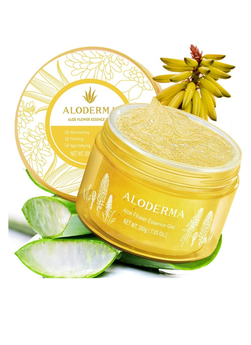 Aloderma Age-Defying 24K Gold Leaf Aloe Flower Essence Gel, Made within 12 Hours of Harvest - Luxurious Aloe Gel with Allantoin & Hyaluronic Acid for a Glowing, Shimmering, Youthful Complexion, 7oz