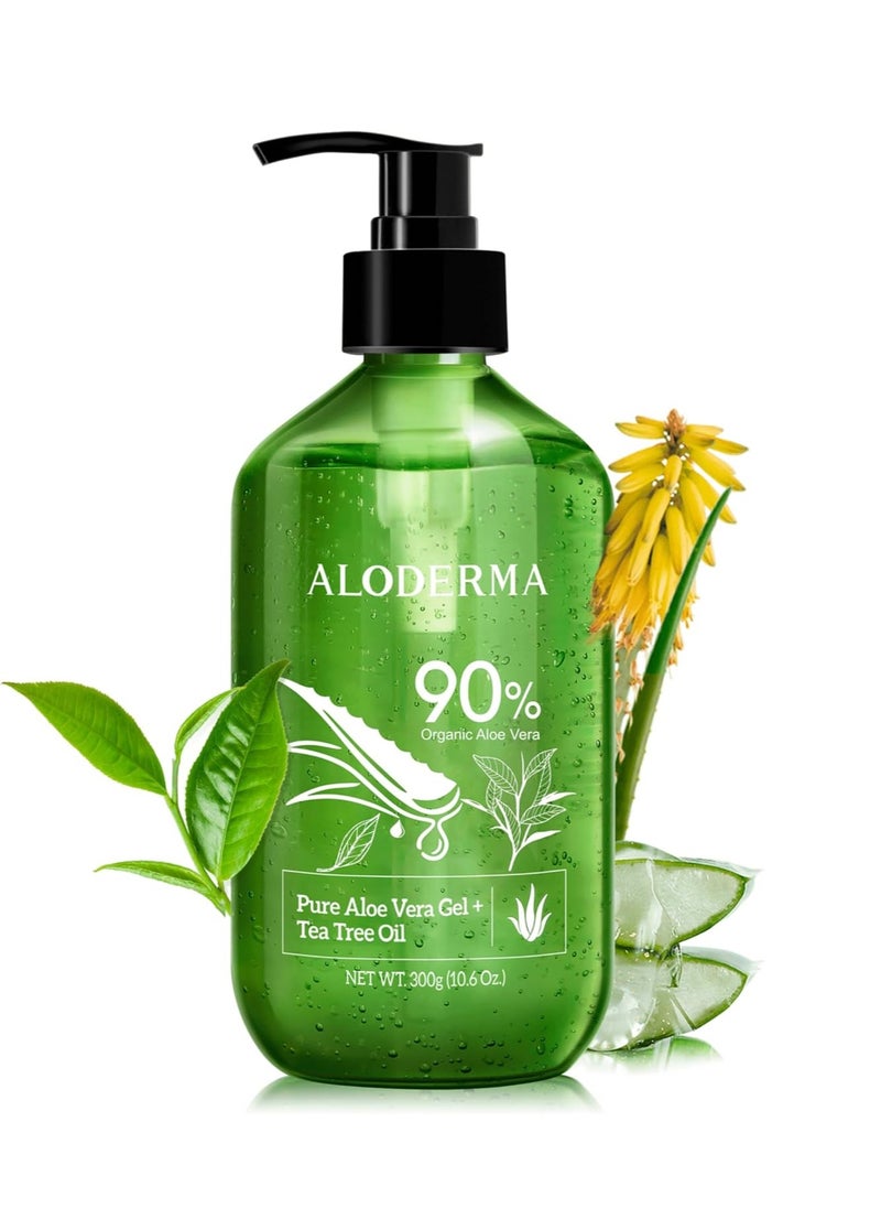 Aloderma Organic Aloe Vera Gel for Skin + Tea Tree Oil, Made within 12 Hours of Harvest, Soothing Pure Aloe Vera Gel for Face, Works Great for Oily Skin, Dry Scalp, Aftershave, Natural Aloe - 10.6 Oz