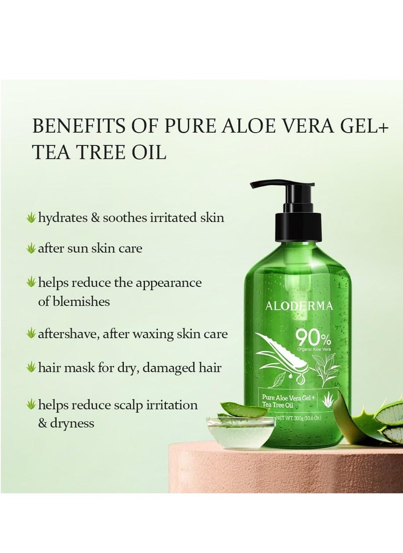 Aloderma Organic Aloe Vera Gel for Skin + Tea Tree Oil, Made within 12 Hours of Harvest, Soothing Pure Aloe Vera Gel for Face, Works Great for Oily Skin, Dry Scalp, Aftershave, Natural Aloe - 10.6 Oz