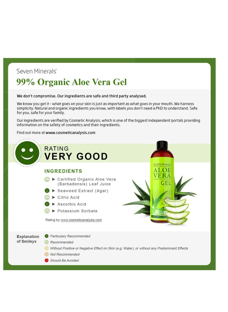 Seven Minerals Aloe Vera Gel - 99% Organic, Big 12 oz - NO XANTHAN, so it Absorbs Rapidly with No Sticky Residue - Made from Real Juice, NOT Powder