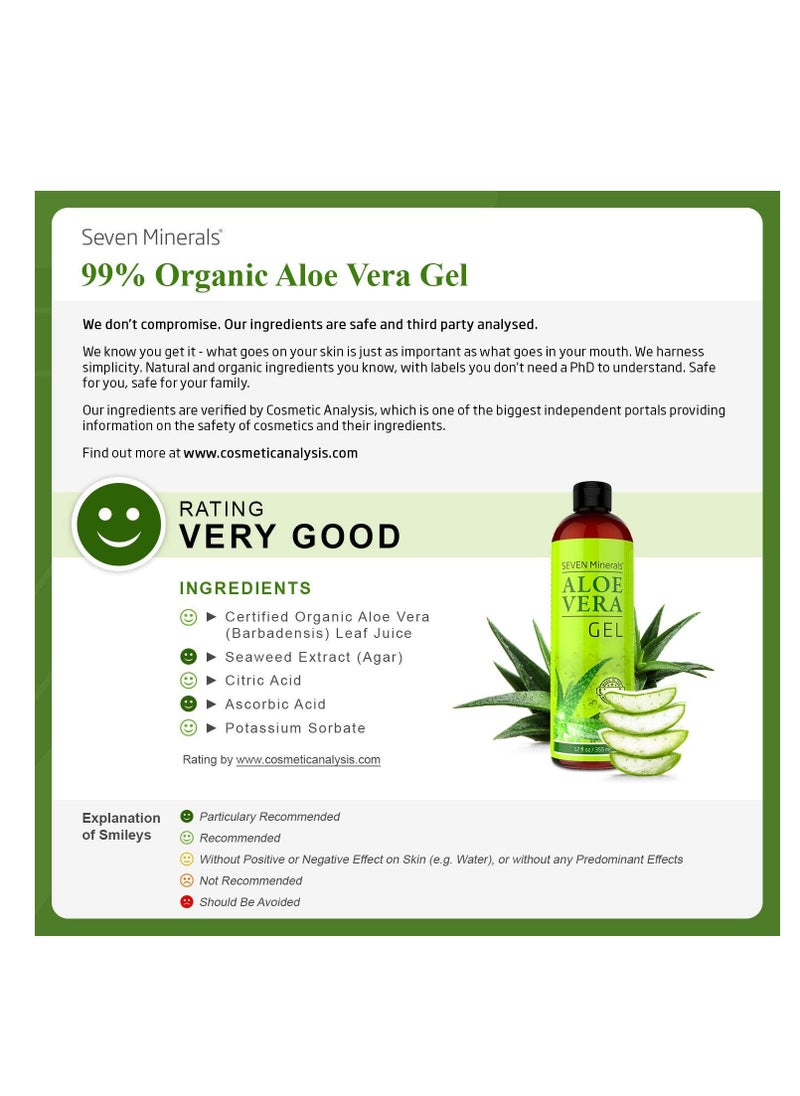 Seven Minerals Aloe Vera Gel - 99% Organic, Big 12 oz - NO XANTHAN, so it Absorbs Rapidly with No Sticky Residue - Made from Real Juice, NOT Powder