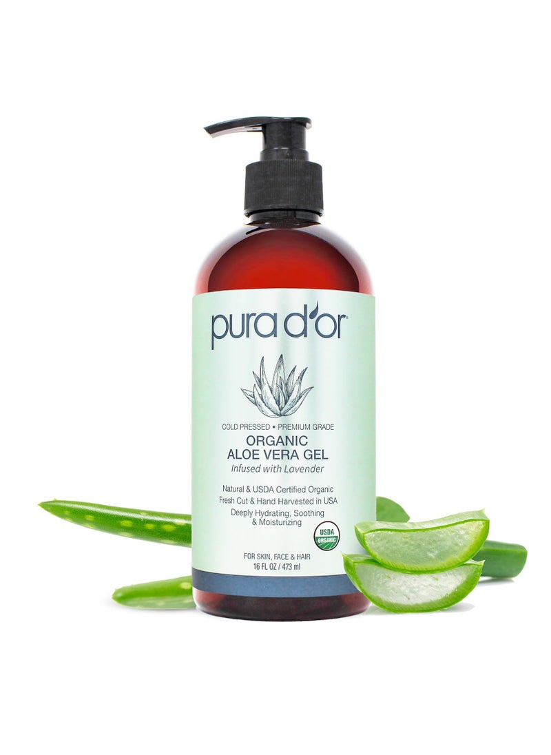 PURA D'OR 16 Oz ORGANIC Aloe Vera Gel - Lavender - All Natural - ZERO Artificial Preservatives - Deeply Hydrating & Moisturizing - Sunburn, Bug Bites, Rashes, Small Cuts, Eczema Relief - Skin & Hair