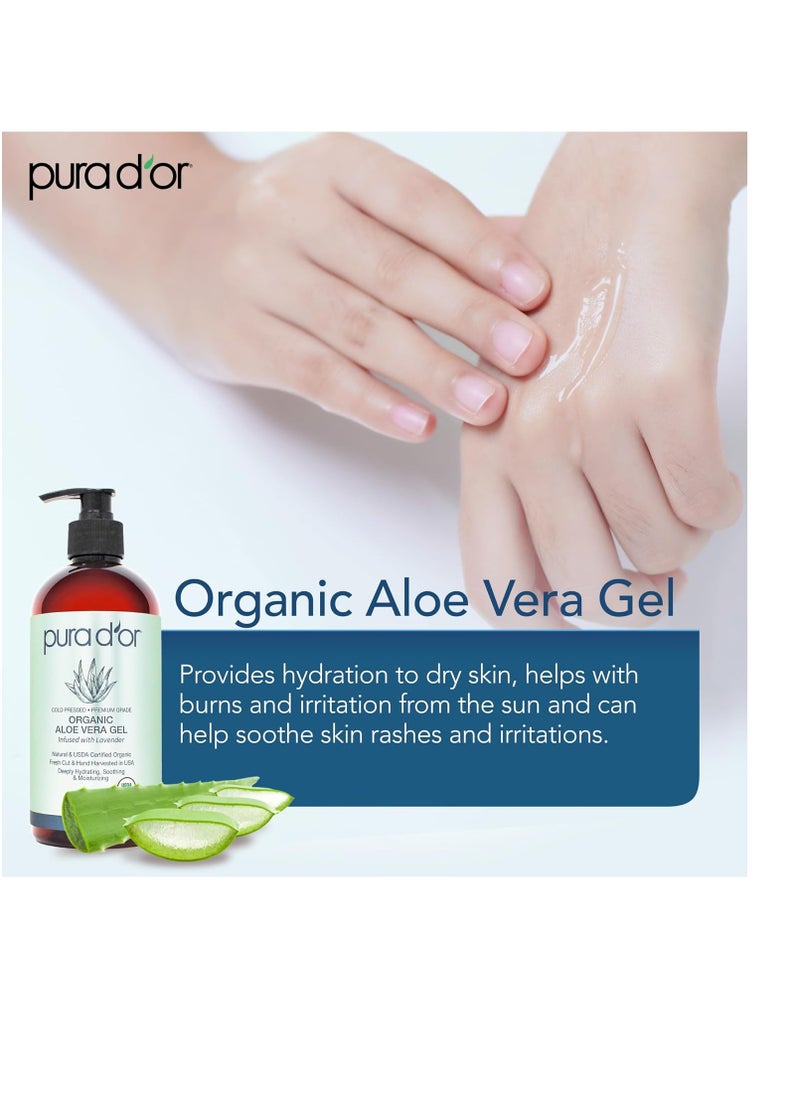 PURA D'OR 16 Oz ORGANIC Aloe Vera Gel - Lavender - All Natural - ZERO Artificial Preservatives - Deeply Hydrating & Moisturizing - Sunburn, Bug Bites, Rashes, Small Cuts, Eczema Relief - Skin & Hair