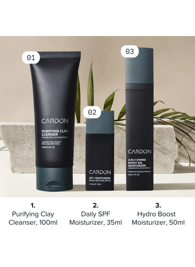Cactus-Based Men'S Skincare Set | Premium Korean Skincare For Sensitive Skin And Oily Skin | Water-Based Face Moisturizer With Spf 30, Gentle Face Wash, Repairing Night Cream With Vitamin E