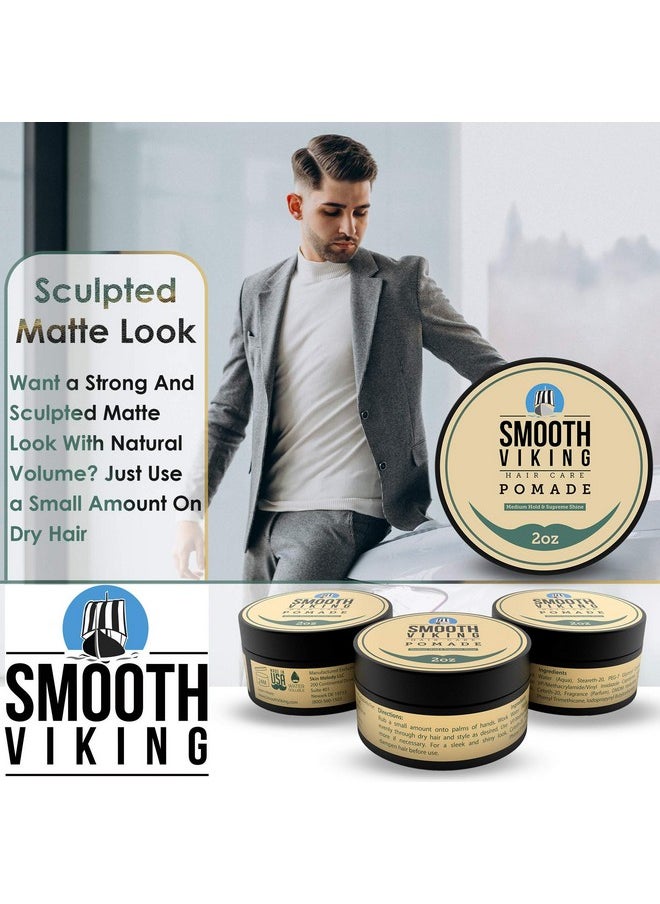 Smooth Viking Medium Hold & High Shine Pomade - Water Based Hair Cream For Curly, Thick & Straight Hair - Men'S Hair Product - Made In Usa, 2Oz