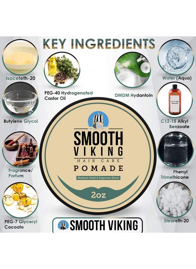 Smooth Viking Medium Hold & High Shine Pomade - Water Based Hair Cream For Curly, Thick & Straight Hair - Men'S Hair Product - Made In Usa, 2Oz