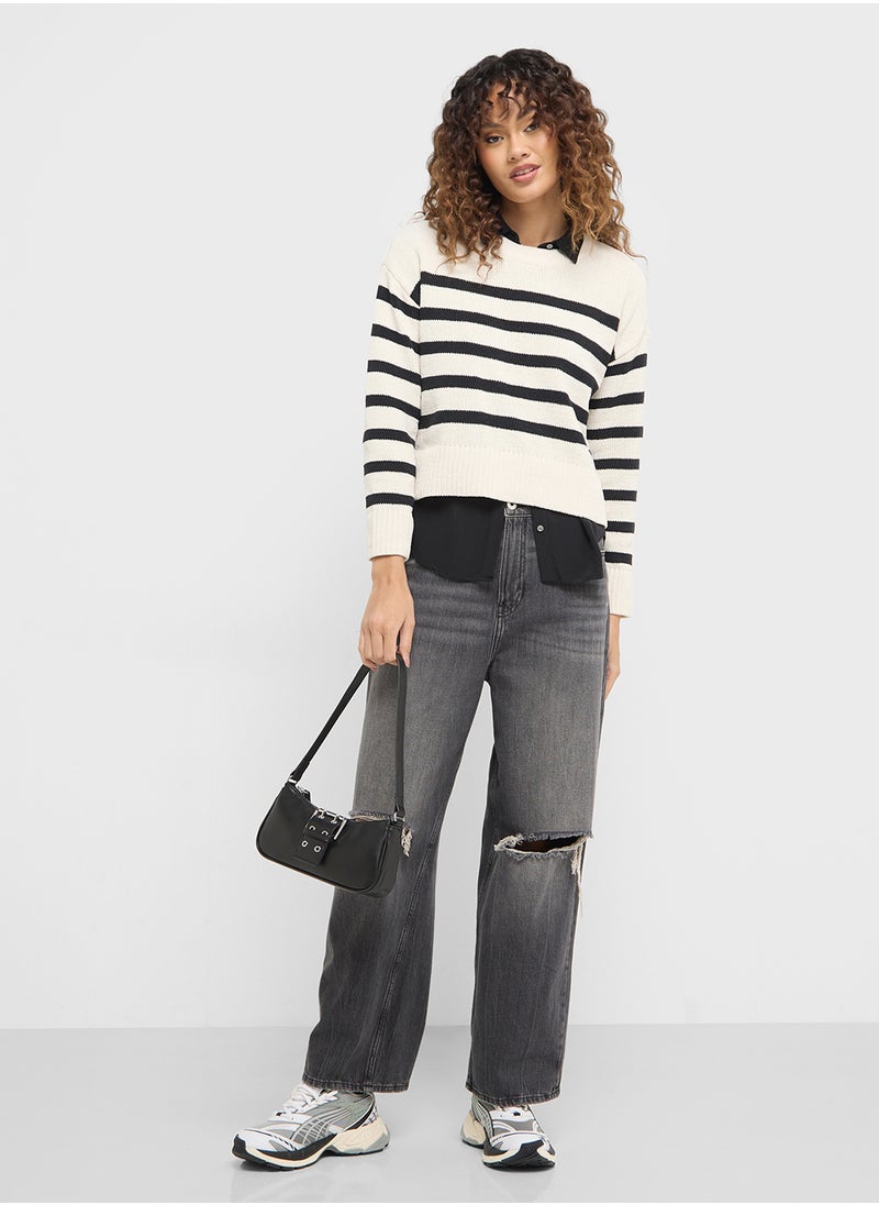 Crew Neck Striped Cardigan