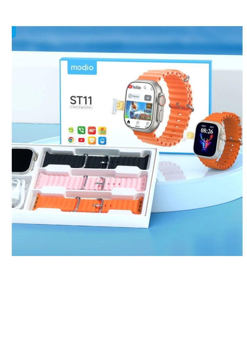 New Model ST11 Smartwatch with 3 Pairs Strap,2.2 inch_Black & Orange (SIM support)