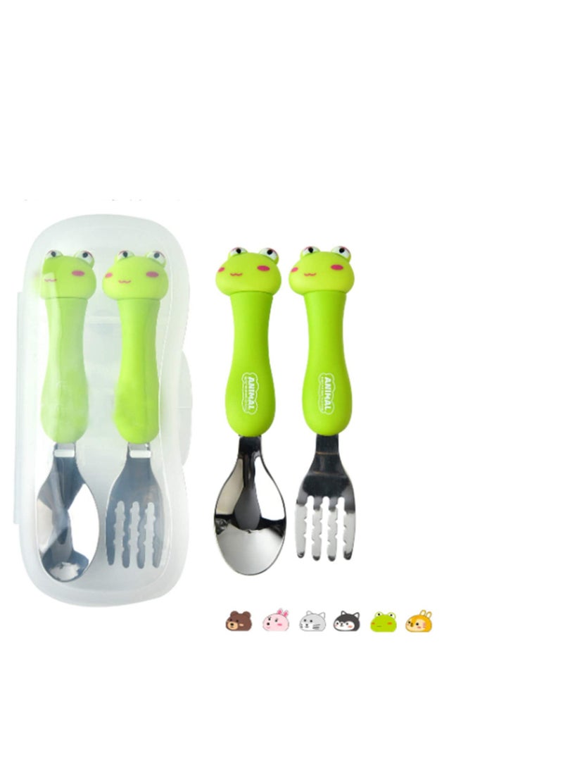 Kids Cutlery Sets, 2Pcs Kids Stainless Steel Flatware with Cartoon Handle Green Frog Travel Carry Set Children Portable Tableware Toddler Utensils Kids Spoon & Fork Silverware Set with Case