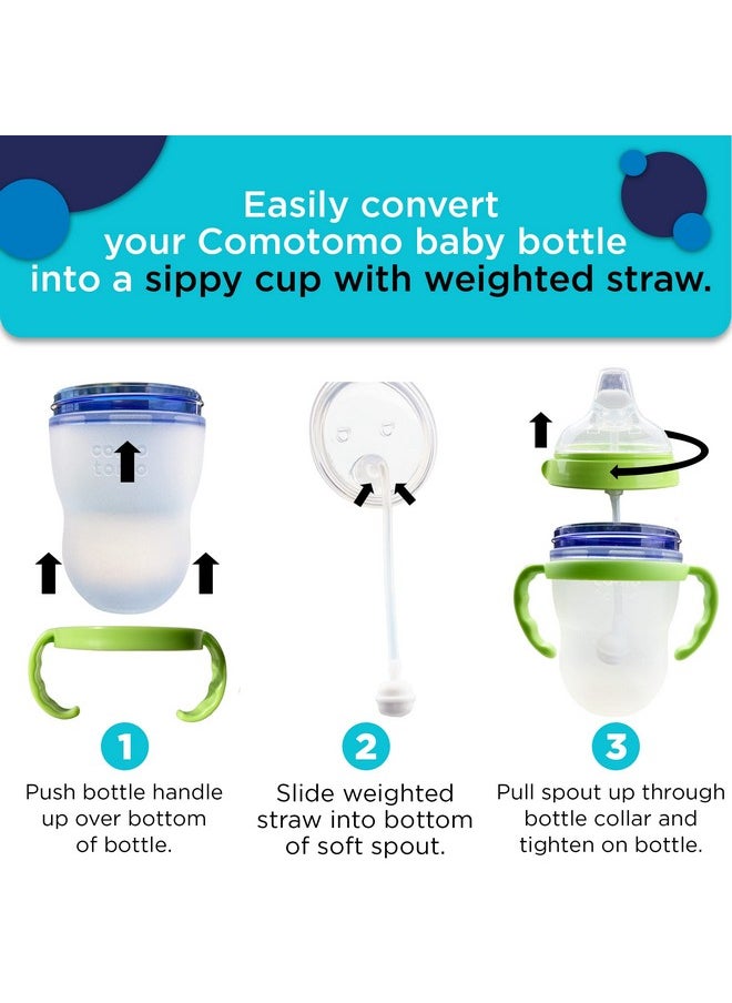 Soft Spout Transition Sippy Cup Kit For Comotomo Baby Bottles | Conversion Kit Fits 5 Ounce And 8 Ounce Bottles | Sippy Cup Baby Bottle Nipple With Weighted Straw And Bottle Handles (2 Pack, Green)