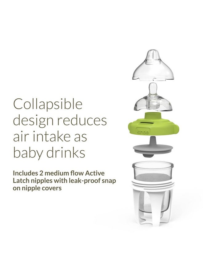 Active Latch Silicone Baby Bottle, Anti Colic, Leak Proof, Easy To Clean, Includes 2 Medium Flow Active Latch Nipples With Covers, 4 Ounce, 2 Count, Green