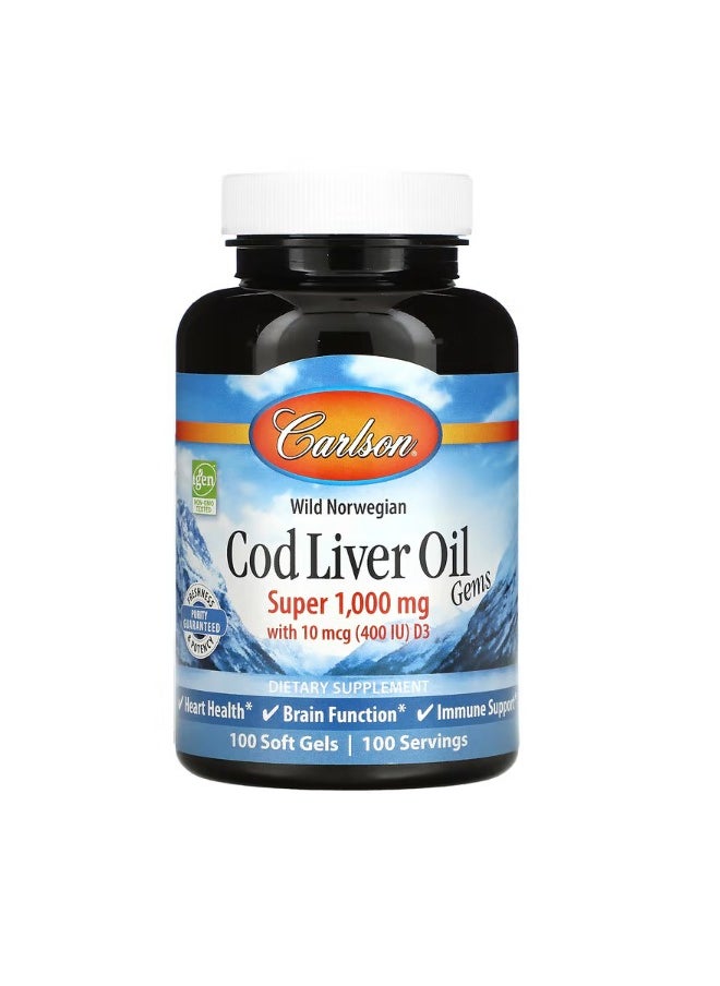 Wild Norwegian Cod Liver Oil Gems 1000 mg 100 Soft Gels