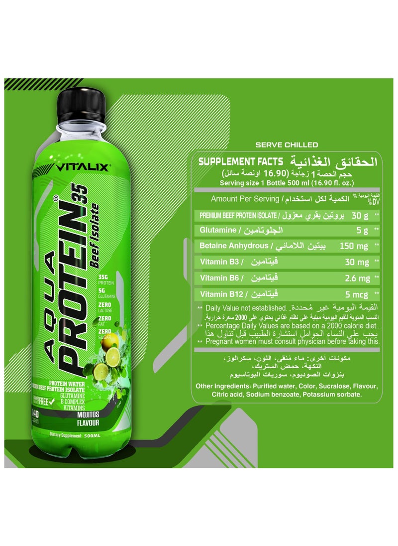 Aqua Protein 35 Beef Isolate Mojito - 35g Protein Water, 5g Glutamine, Vitamins B,Lactose Free, Sugar Free, Zero Fat - Protein Drink 500ml Pack of 12