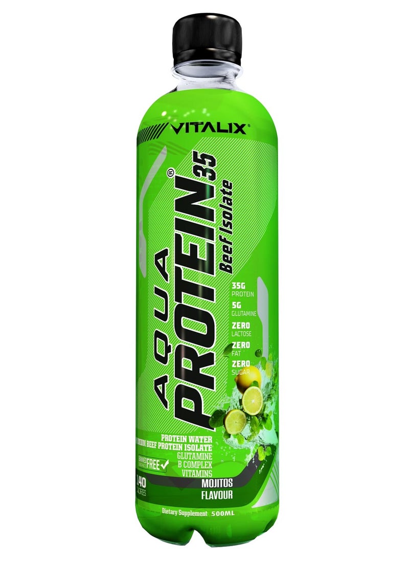 Aqua Protein 35 Beef Isolate Mojito - 35g Protein Water, 5g Glutamine, Vitamins B,Lactose Free, Sugar Free, Zero Fat - Protein Drink 500ml Pack of 12