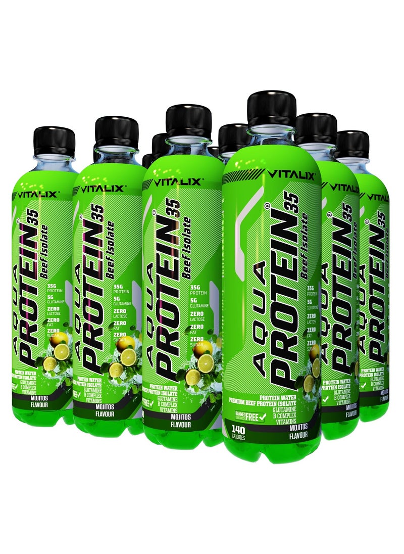 Aqua Protein 35 Beef Isolate Mojito - 35g Protein Water, 5g Glutamine, Vitamins B,Lactose Free, Sugar Free, Zero Fat - Protein Drink 500ml Pack of 12