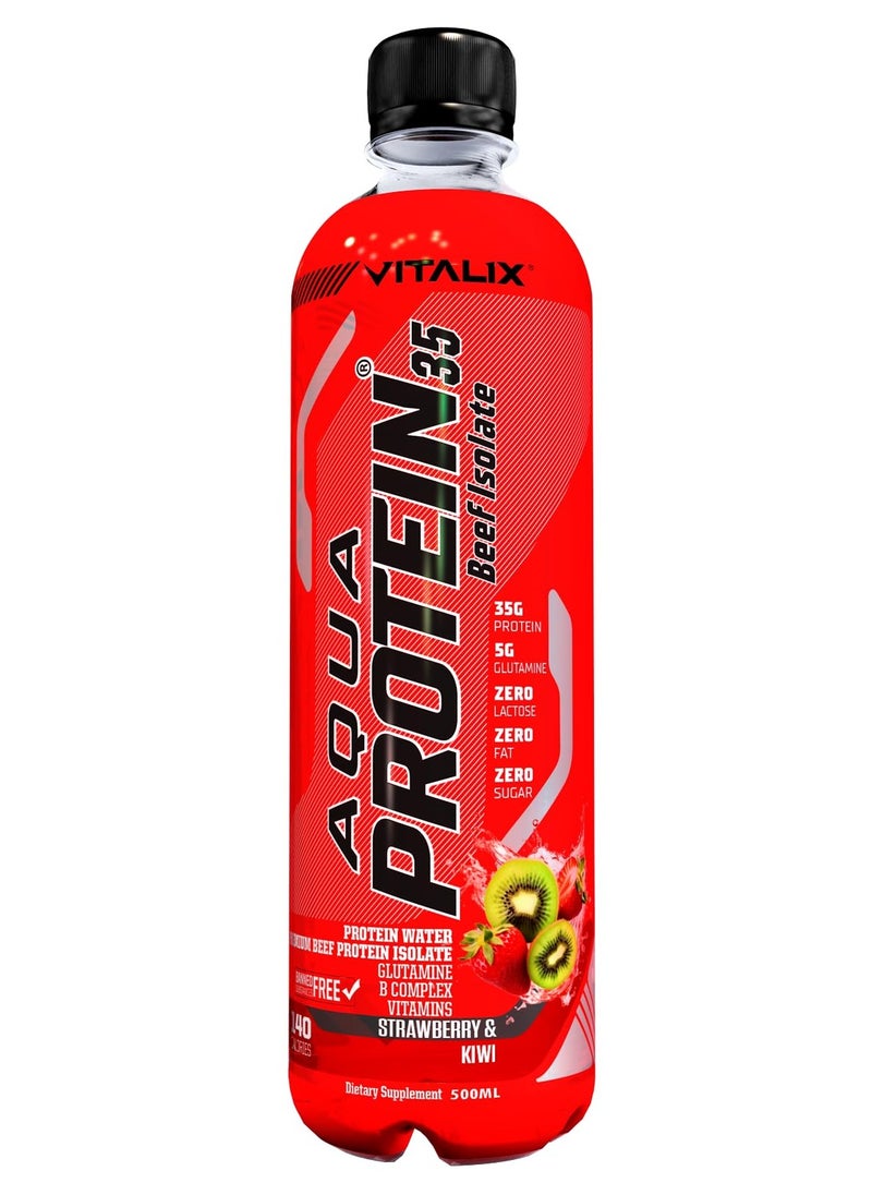 Aqua Protein 35 Beef Isolate Strawberry & Kiwi - 35g Protein Water, 5g Glutamine, Vitamins B,Lactose Free, Sugar Free, Zero Fat - Protein Drink 500ml Pack of 12