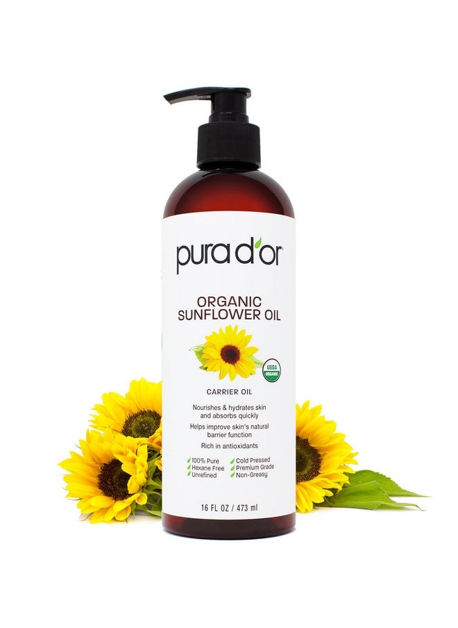 16 Oz Organic Sunflower Seed Oil - 100% Pure & Natural Usda Certified Cold Pressed Carrier Oil For Diy Beauty - Unscented, Hexane Free Liquid Moisturizer - Face Skin & Hair - Men & Women