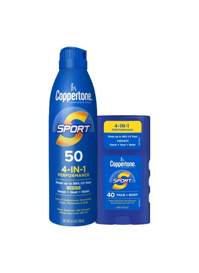 Sport Sunscreen Pack, Water Resistant Sunscreen, Sport Sunscreen Spray Spf 50, 5.5 Oz Can + Sport Sunscreen Stick Spf 40, Body And Face Sunscreen Stick, 1.5 Oz