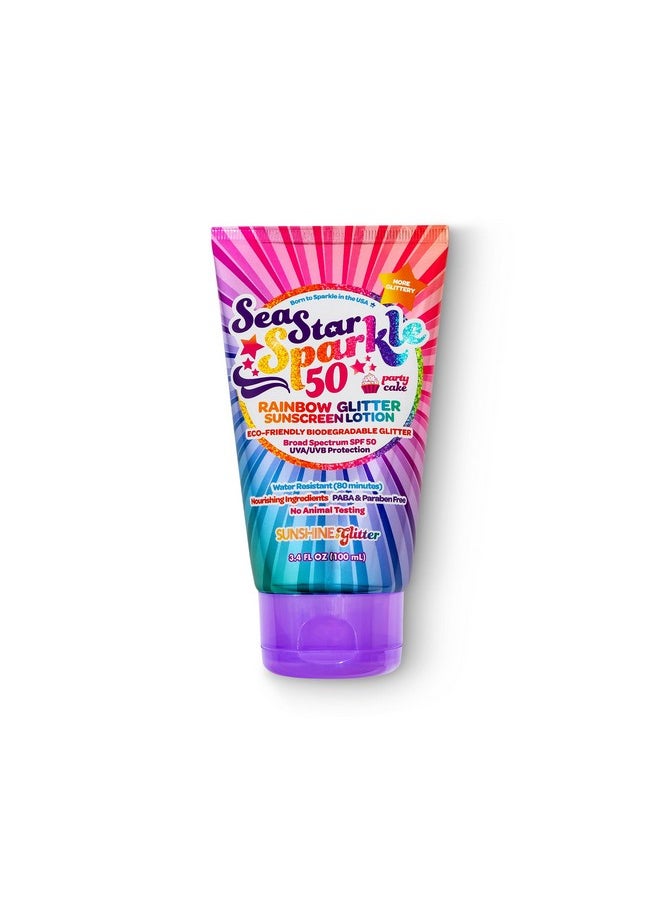 Seastar Sparkle - Rainbow Party Cake Scented Glitter Sunscreen - Spf 50 - Biodegradable Sunscreen, Kids, Water Resistant, Glitter Lotion, Cruelty Free, Kids Lotion, Made In Usa, 3.4Oz