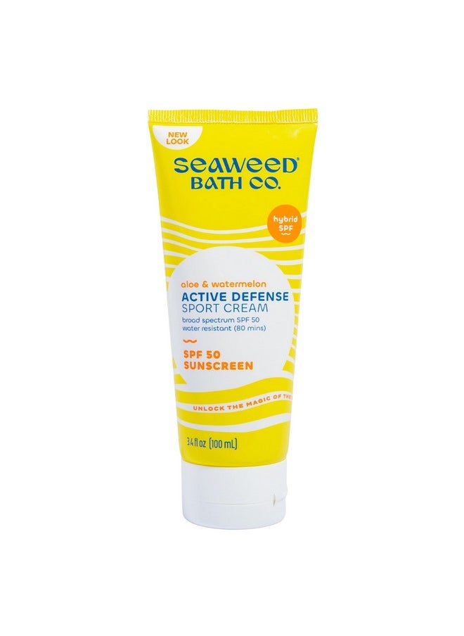 Seaweed Bath Co. Active Defense Spf 50 Sport Broad Spectrum Hybrid Sunscreen Cream, 3.4 Ounce, Sustainably Harvested Seaweed, Aloe, Watermelon