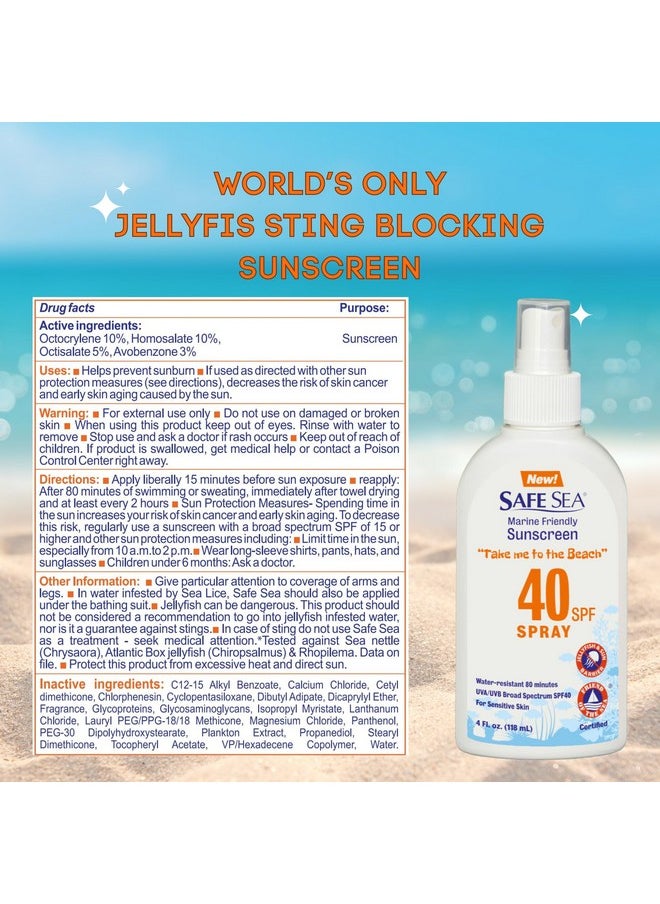 Jellyfish Sting-Blocking Sunscreen, Spf 40+ Spray 4 Fl Oz, Waterproof, Biodegradable, Coral Reef-Safe - Body And Face Sunscreen, Anti-Jellyfish And Sea-Lice Sting Protection.