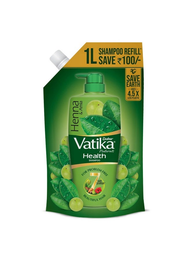 Vatika Health Shampoo - 1L (Refill Pouch) | With 7 Natural Ingredients | For Smooth, Shiny & Nourished Hair | Repairs Hair Damage, Controls Frizz | For All Hair Types | Goodness Of Henna & Amla