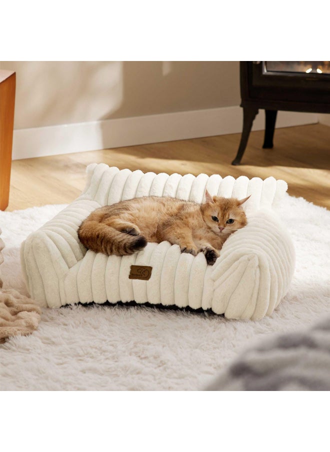 Bedsure Cute Cat Couch for Pets - Fluffy Cat Sofa with Premium Soft Corduroy Fleece, Fuzzy Cat Couch Bed with Removable Washable Cover, Supportive Cat Chair for Indoor Cats, 24inch, Cream