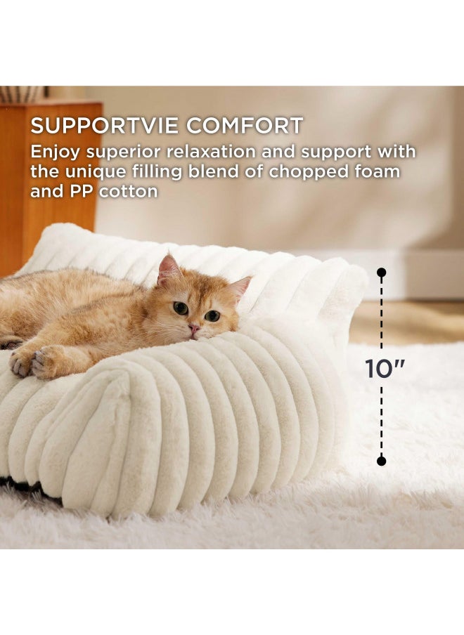 Bedsure Cute Cat Couch for Pets - Fluffy Cat Sofa with Premium Soft Corduroy Fleece, Fuzzy Cat Couch Bed with Removable Washable Cover, Supportive Cat Chair for Indoor Cats, 24inch, Cream