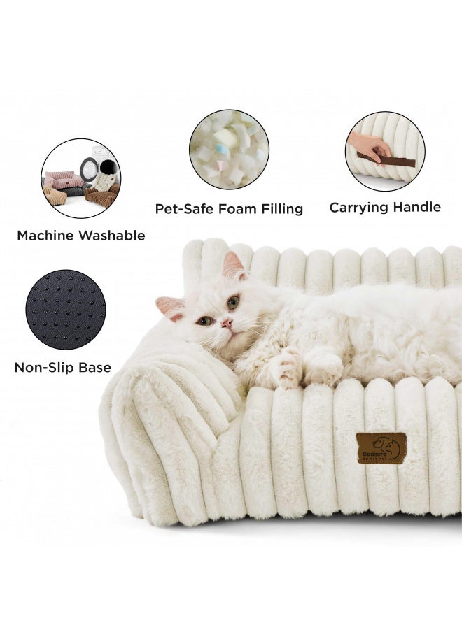 Bedsure Cute Cat Couch for Pets - Fluffy Cat Sofa with Premium Soft Corduroy Fleece, Fuzzy Cat Couch Bed with Removable Washable Cover, Supportive Cat Chair for Indoor Cats, 24inch, Cream