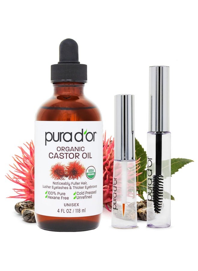 4 Oz Organic Castor Oil - W/ 2 Bonus Empty Brushes - 100% Pure Usda Certified Cold Pressed, Hexane Free Eyelash & Eyebrow Serum - For Fuller, Thicker Lashes & Brows - Skin & Hair