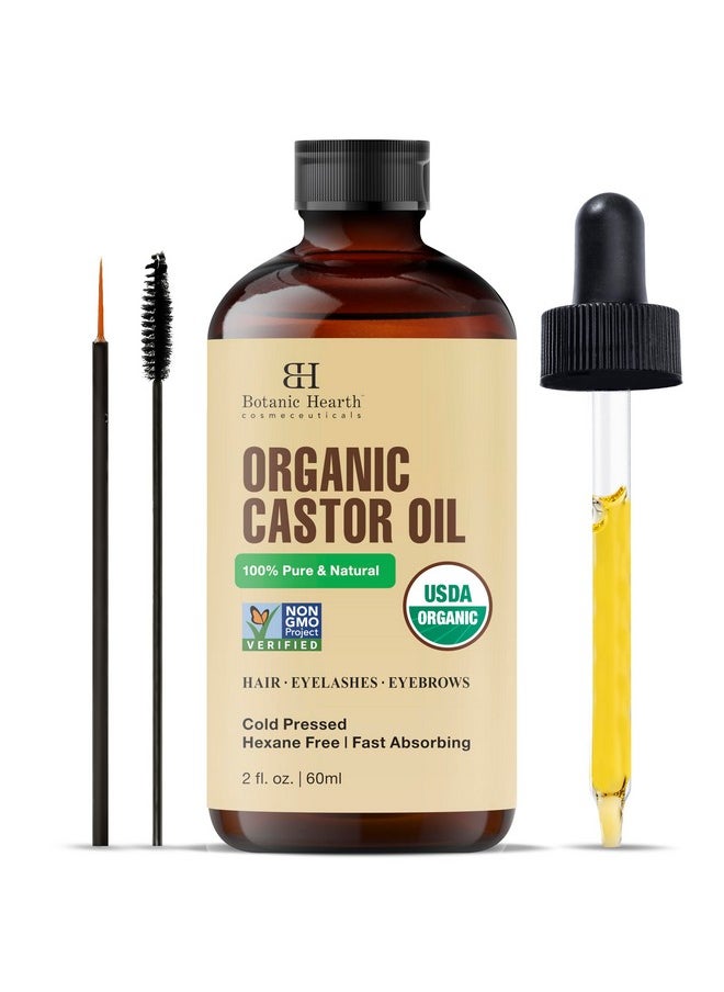 Castor Oil | Usda Certified Organic |100% Pure & Hexane Free | Cold Pressed | Growth For Eyelashes, Eyebrows, Hair | With Eyebrow & Eyelash Brush | (Glass Bottle 2Fl Oz)