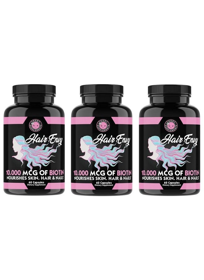 Hair Envy 10,000 Mcg Biotin + Keratin, Grow + Hydrate Hair, Strengthen Thicken Nails, Clear & Nourish Skin - Help Damaged Thinning Hair, (3-Bottles)