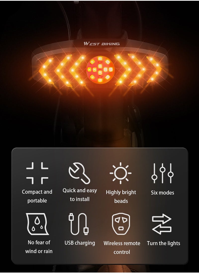 Bicycle tail light with remote control, bicycle light group, USB rechargeable bicycle tail light, turn signal, waterproof 5 modes, night riding warning light, red light, road mountain biking equipment, suitable for riding, 9.75*3.4cm