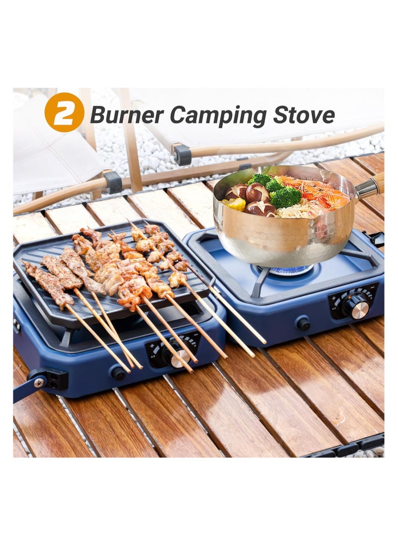 2-Burner Camping Stove Grill - 16,000 BTU Foldable Camp Stove, Portable Cooking Stove with Piezo Ignition, Adjustable Burners, Easy-Carrying Handle, Stainless Steel Build for Camping, BBQ, Tailgating & Emergencies