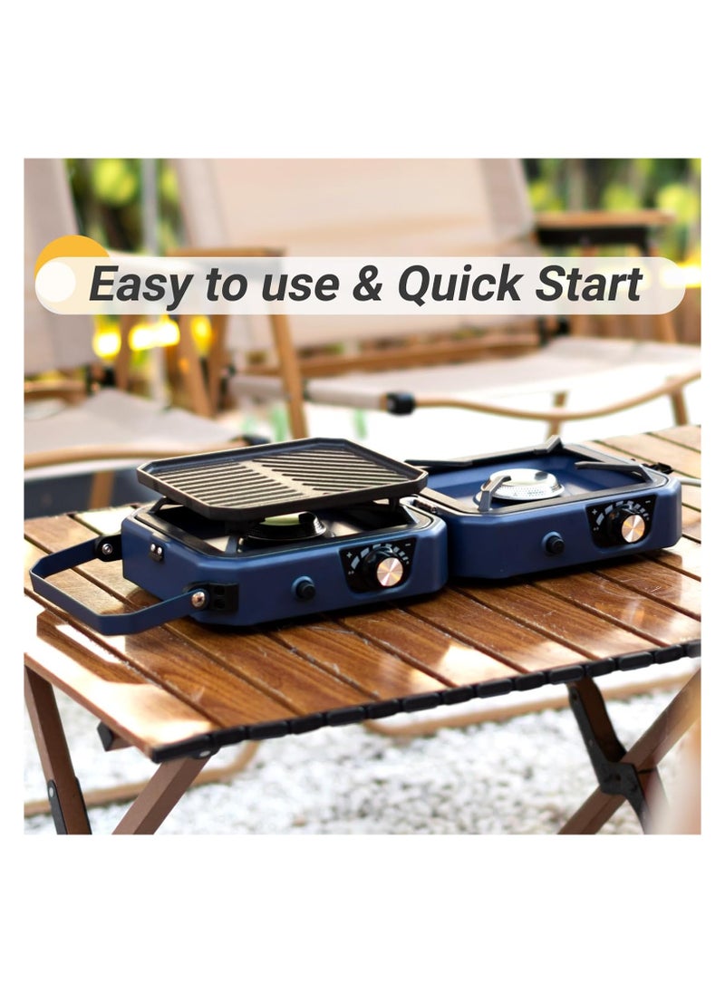 2-Burner Camping Stove Grill - 16,000 BTU Foldable Camp Stove, Portable Cooking Stove with Piezo Ignition, Adjustable Burners, Easy-Carrying Handle, Stainless Steel Build for Camping, BBQ, Tailgating & Emergencies