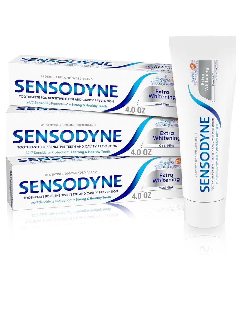 Sensodyne Extra Whitening Sensitive Teeth and Cavity Prevention Whitening Toothpaste, Amazon Exclusive, Cool Mint -4 Ounces (Pack of 3)