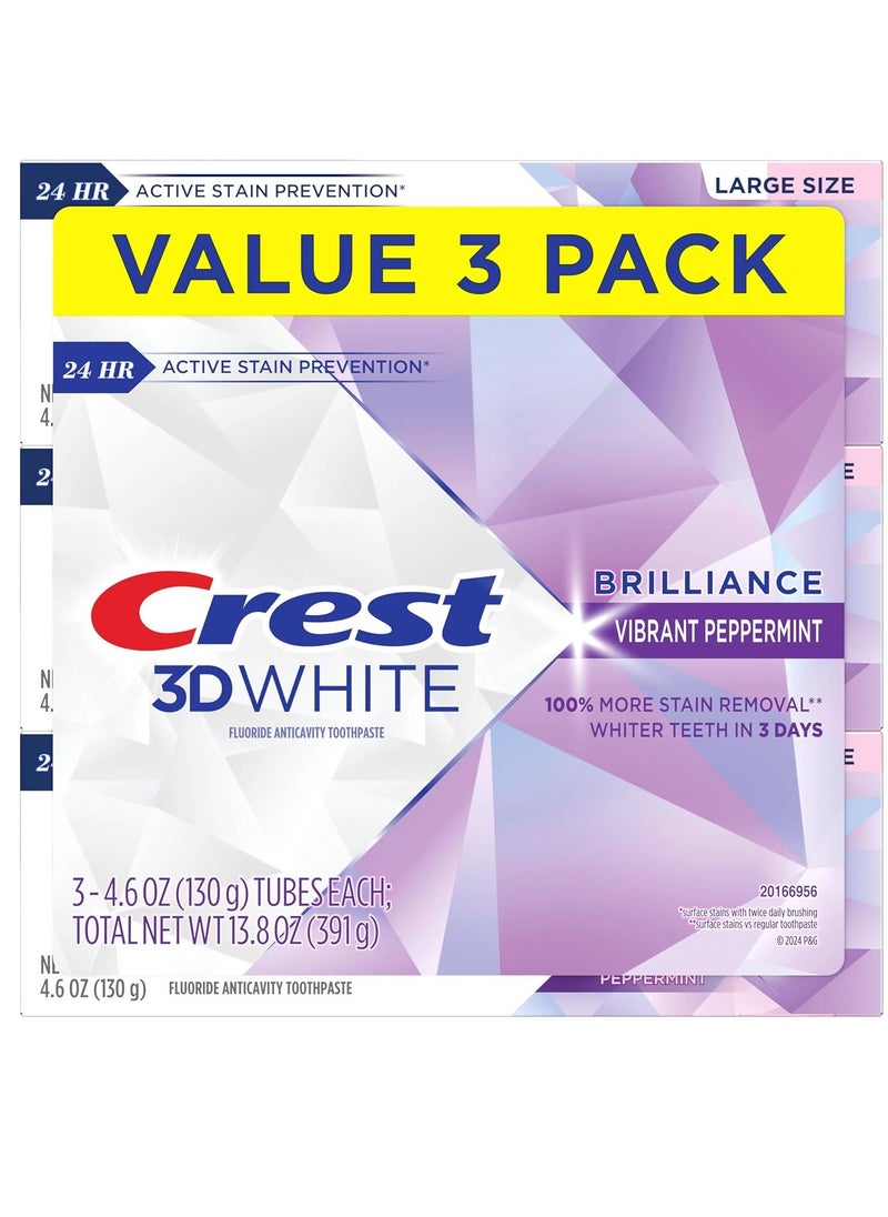 Crest 3D White Brilliance Vibrant Peppermint Teeth Whitening Toothpaste, 4.6 oz Pack of 3, Anticavity Fluoride Toothpaste, 100% More Surface Stain Removal, 24 Hour Active Stain Prevention