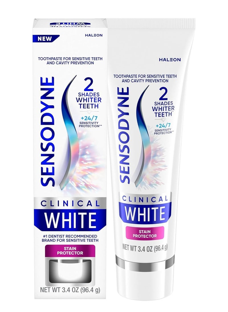 Sensodyne Clinical White Toothpaste Clinically Proven Whitening for Sensitive Teeth, Stain Protector, 3.4 oz