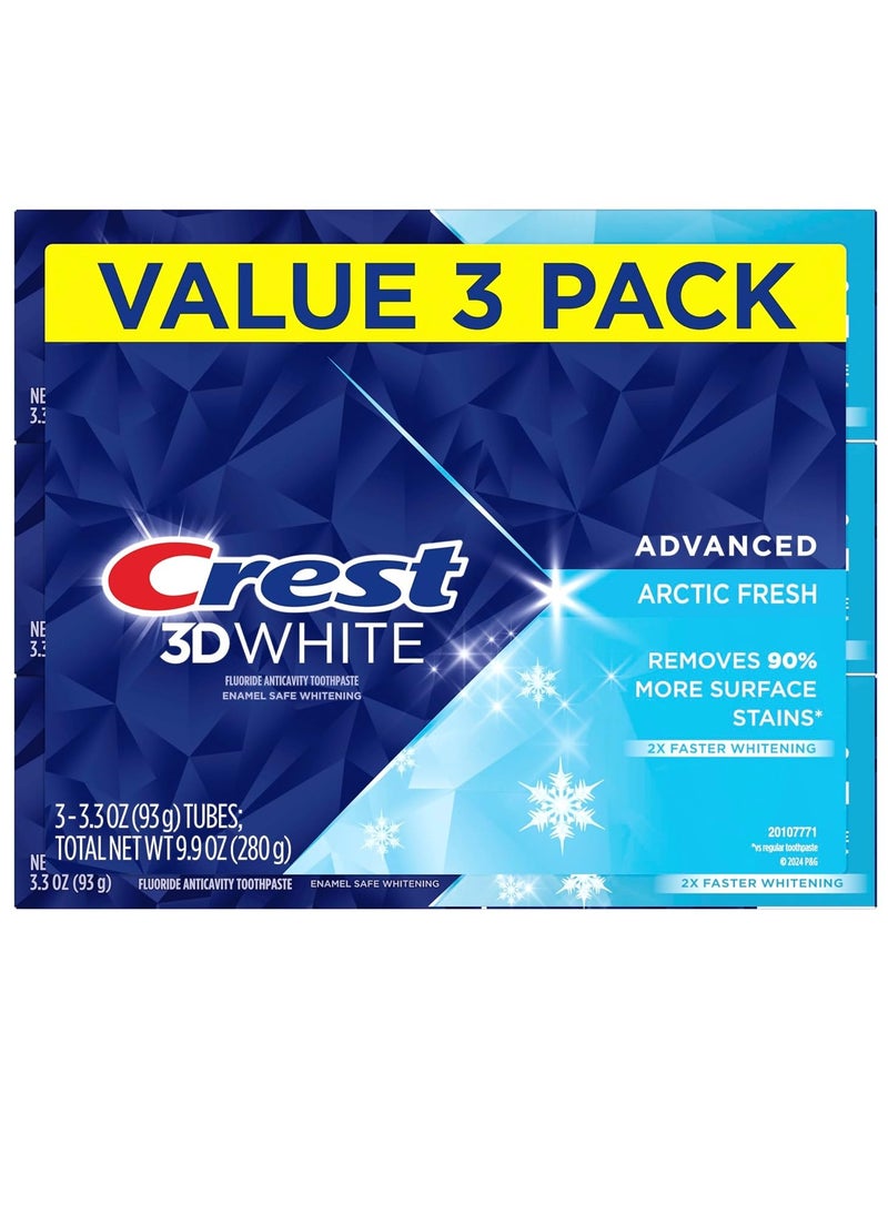 Crest 3D White Advanced Teeth Whitening Toothpaste, Arctic Fresh, 3.3 oz, Pack of 3