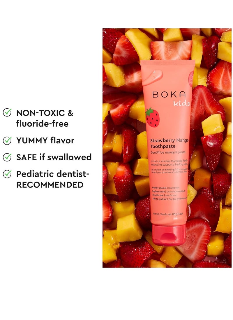 Boka Fluoride Free Toothpaste- Nano Hydroxyapatite, Remineralizing, Sensitive Teeth, Whitening- Dentist Recommended for Adult, Kids Oral Care- Strawberry Mango Flavor, 4oz 1Pk - US Manufactured