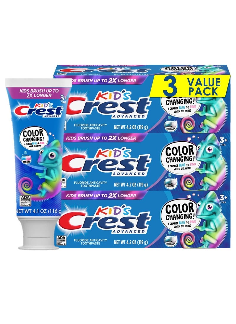 Crest Kids Advanced Fluoride Toothpaste, Bubblegum Flavor, 4.2 oz, 3 Count, Color-Changing Anticavity Toothpaste, Crest Kids Toothpaste, Kids Toothpaste with Fluoride