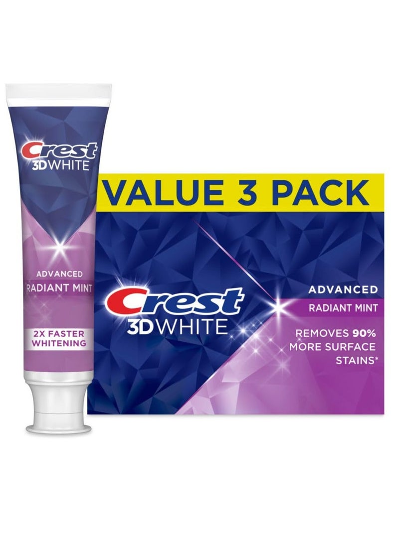 Crest 3D White Advanced Teeth Whitening Toothpaste, Crest 3D White Brilliance Toothpaste, Radiant Mint, 3.3 oz, Pack of 3