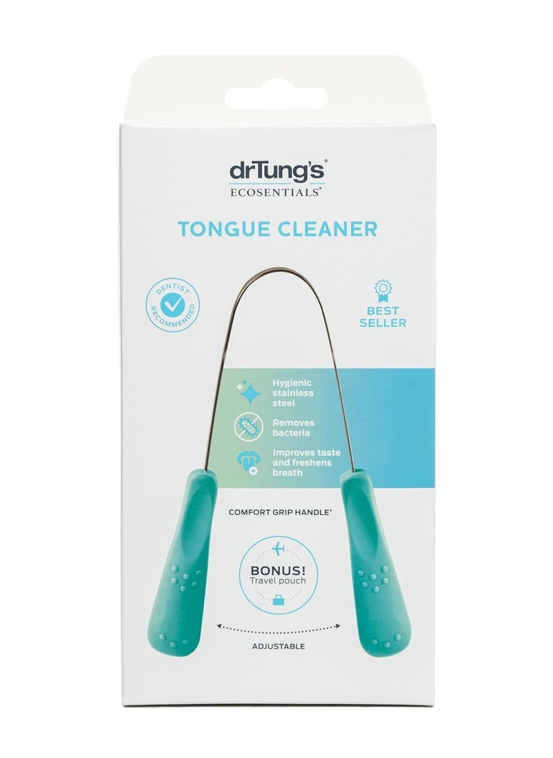 DrTung’s Stainless Tongue Scraper - Tongue Cleaner for Adults, Kids, Helps Freshens Breath, Easy to Use Comfort Grip Handle, Comes with Fabric Travel Pouch - Stainless Steel Tongue Scrapers, (1 Count)