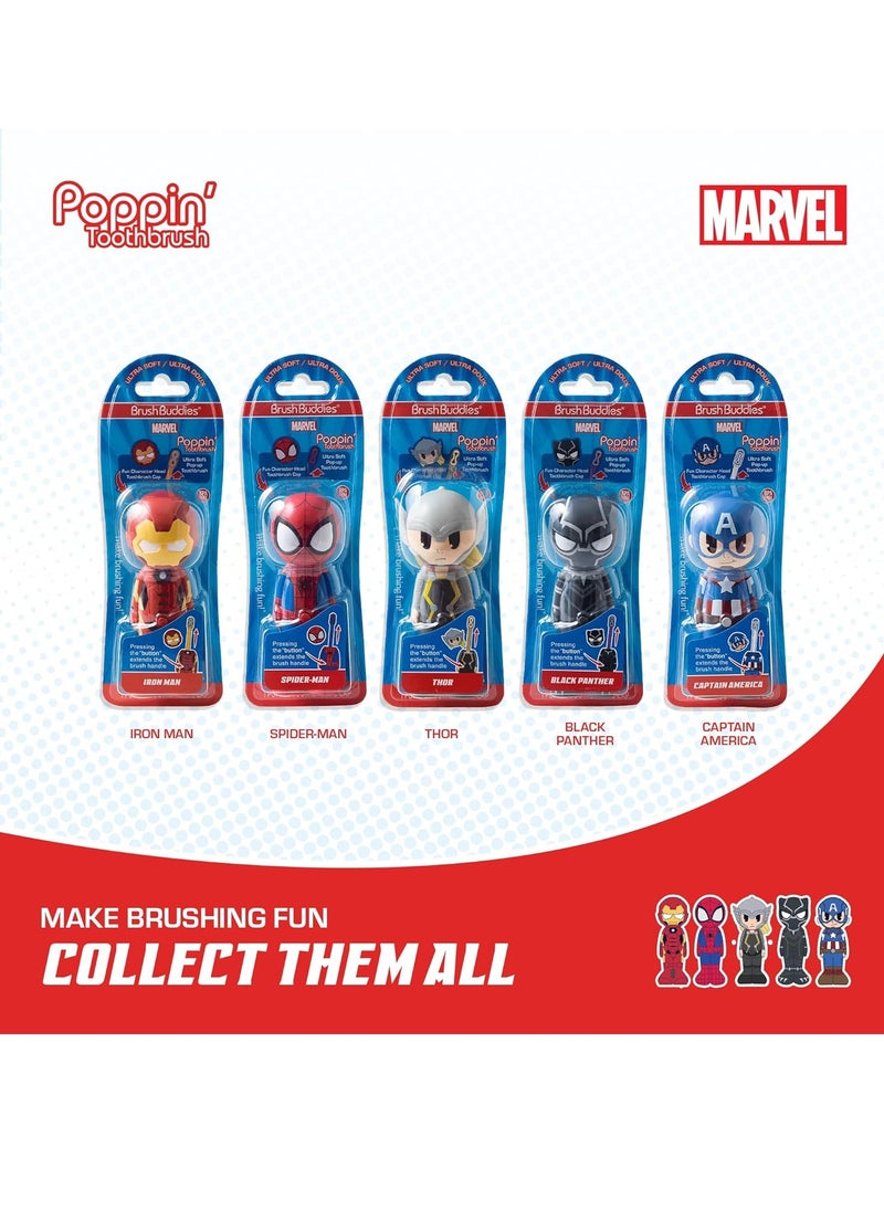 Brush Buddies Marvel Iron Man Toothbrush for Kids, Soft & Rounded Bristles, Poppin' Fun Kids Toothbrush, Ultra Soft Pop-up Toothbrush with Superhero Toothbrush Cover