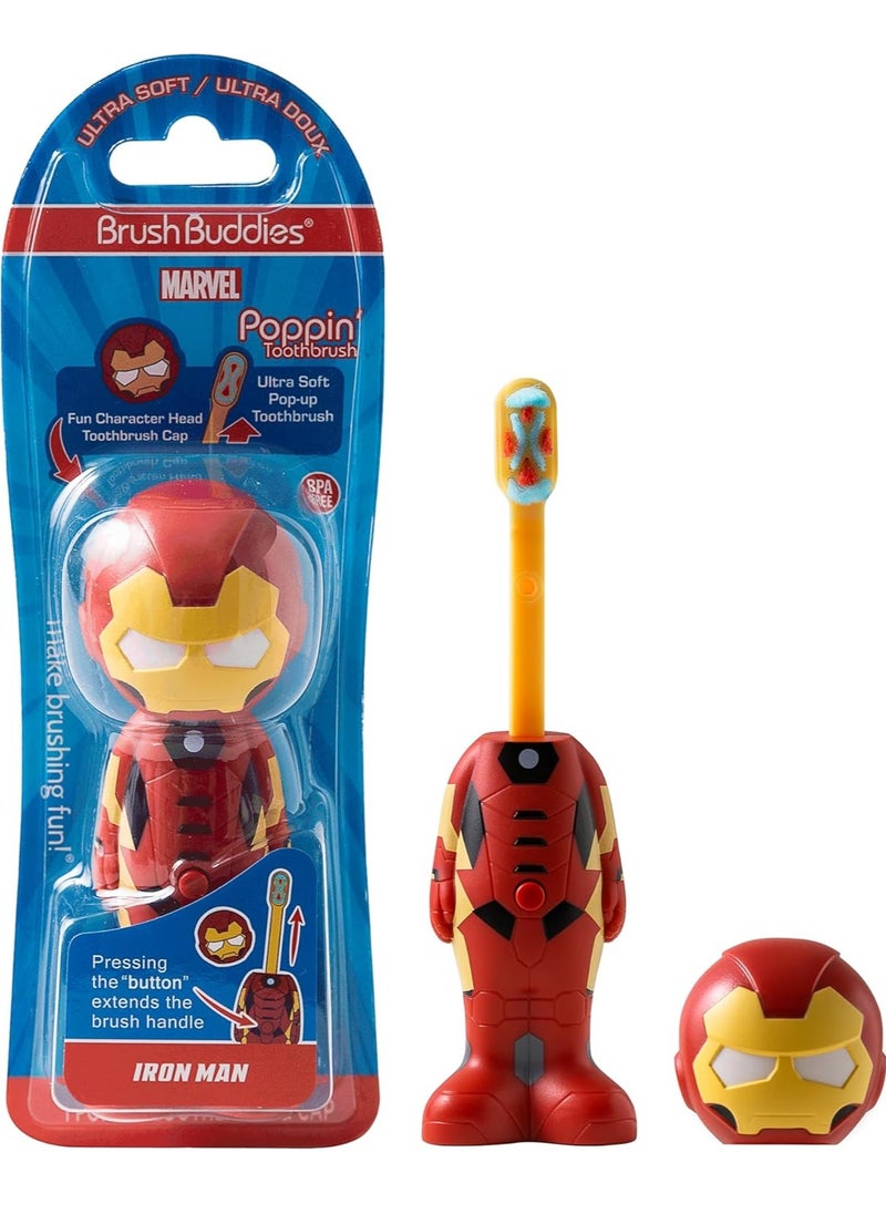 Brush Buddies Marvel Iron Man Toothbrush for Kids, Soft & Rounded Bristles, Poppin' Fun Kids Toothbrush, Ultra Soft Pop-up Toothbrush with Superhero Toothbrush Cover