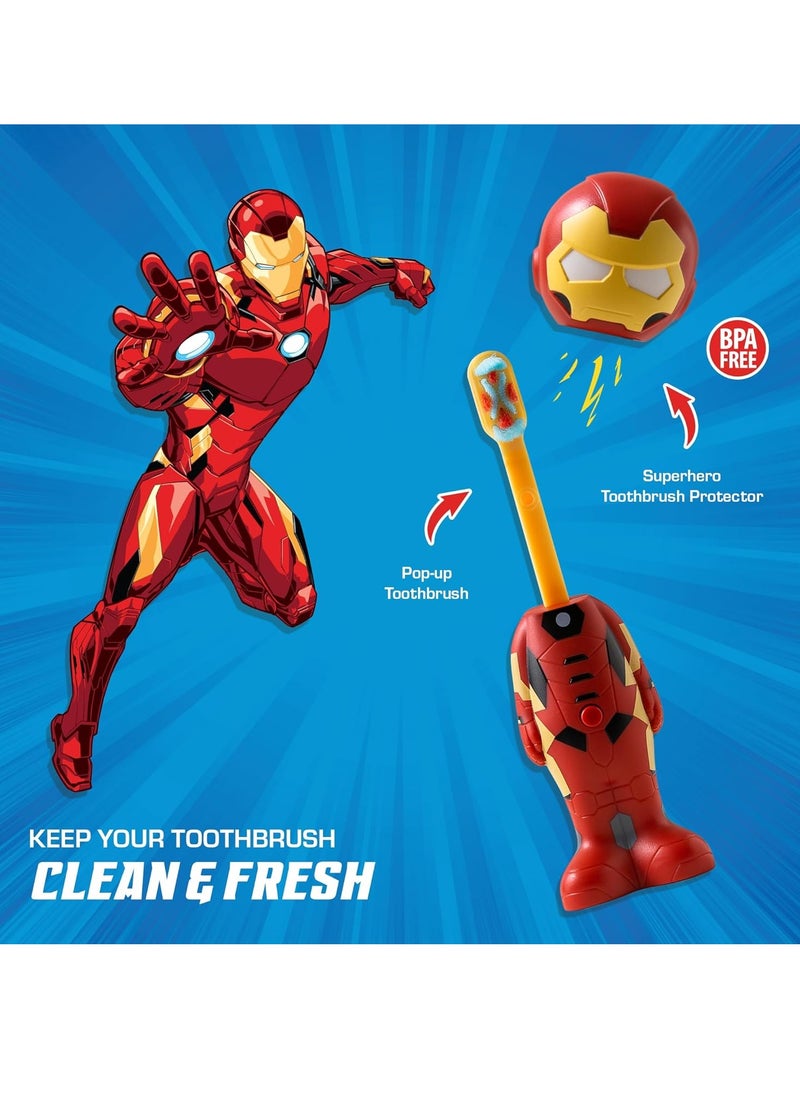 Brush Buddies Marvel Iron Man Toothbrush for Kids, Soft & Rounded Bristles, Poppin' Fun Kids Toothbrush, Ultra Soft Pop-up Toothbrush with Superhero Toothbrush Cover