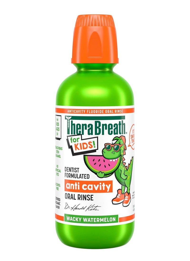 TheraBreath Kids Organic Wacky Watermelon Mouthwash with Fluoride, Anticavity, Dentist Formulated, 16 Fl Oz